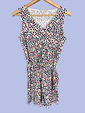 Polka Dot Sleeveless Romper White Multicolor Button Front Retro 90s